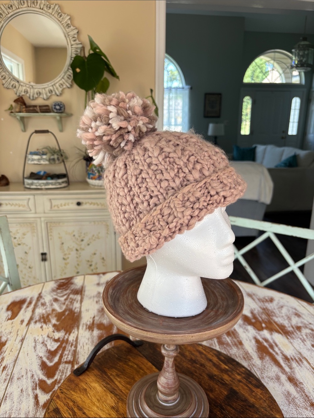 Handmade Chunky Knit Pom Pom Beanie - Dusty Pink
